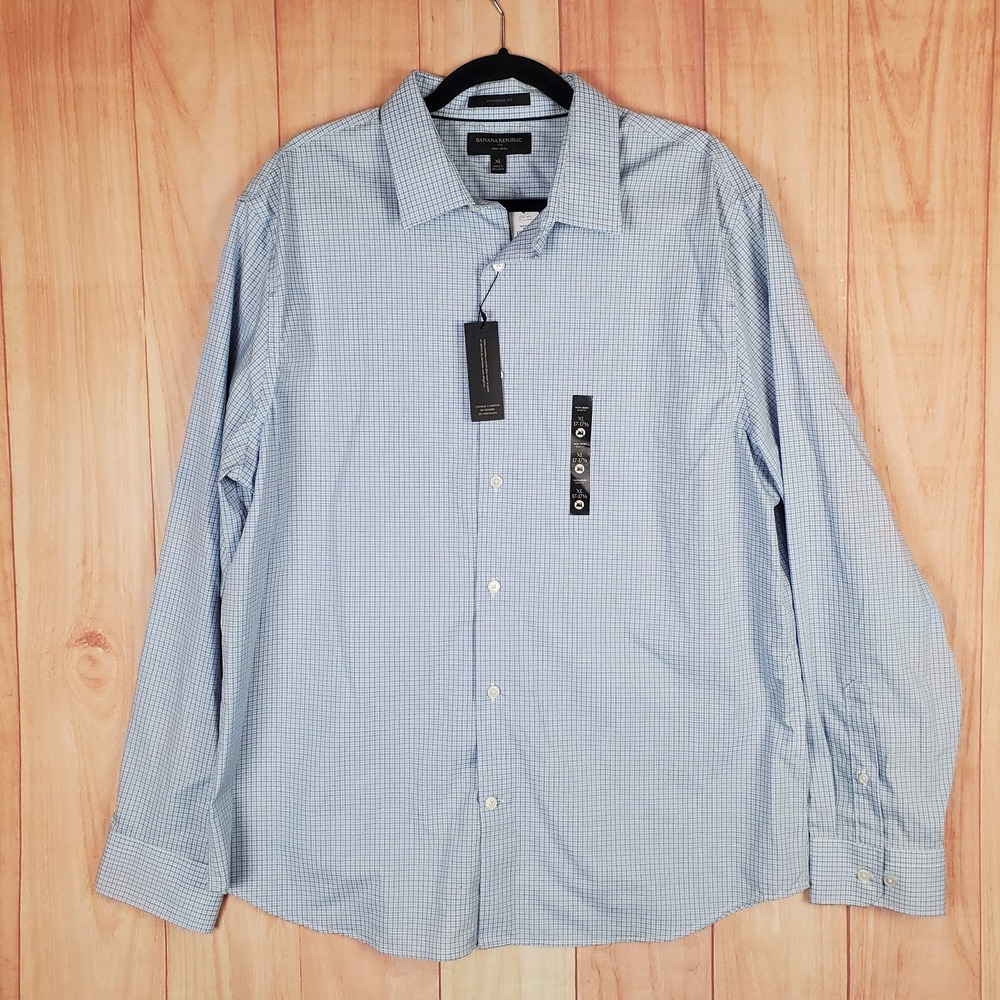 Banana Republic Non Iron Mens Dress Shirt XL Blue Untucked 100% Cotton Button-Up